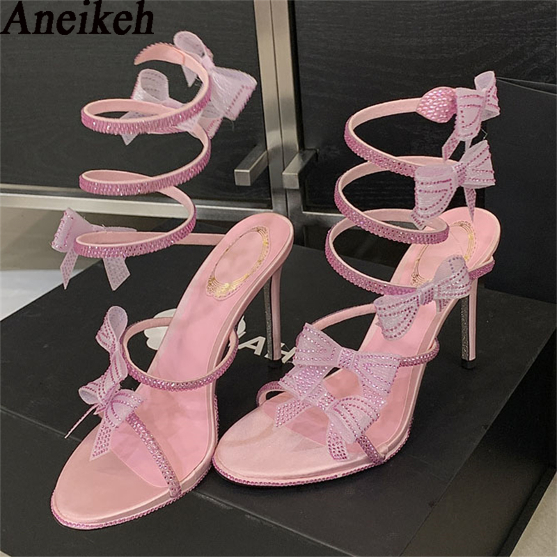 Strappy Heeled Sandals - Aneikeh Elegant Pink Wedding Shoes CRYSTAL