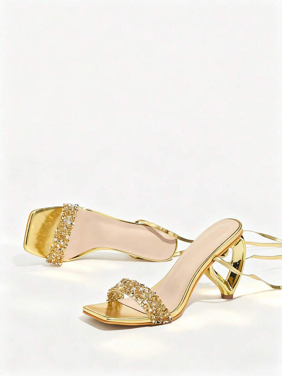 Strappy Heeled Sandals - Womens Rhinestone-Embellished Strappy Mid-Heel Sandals With