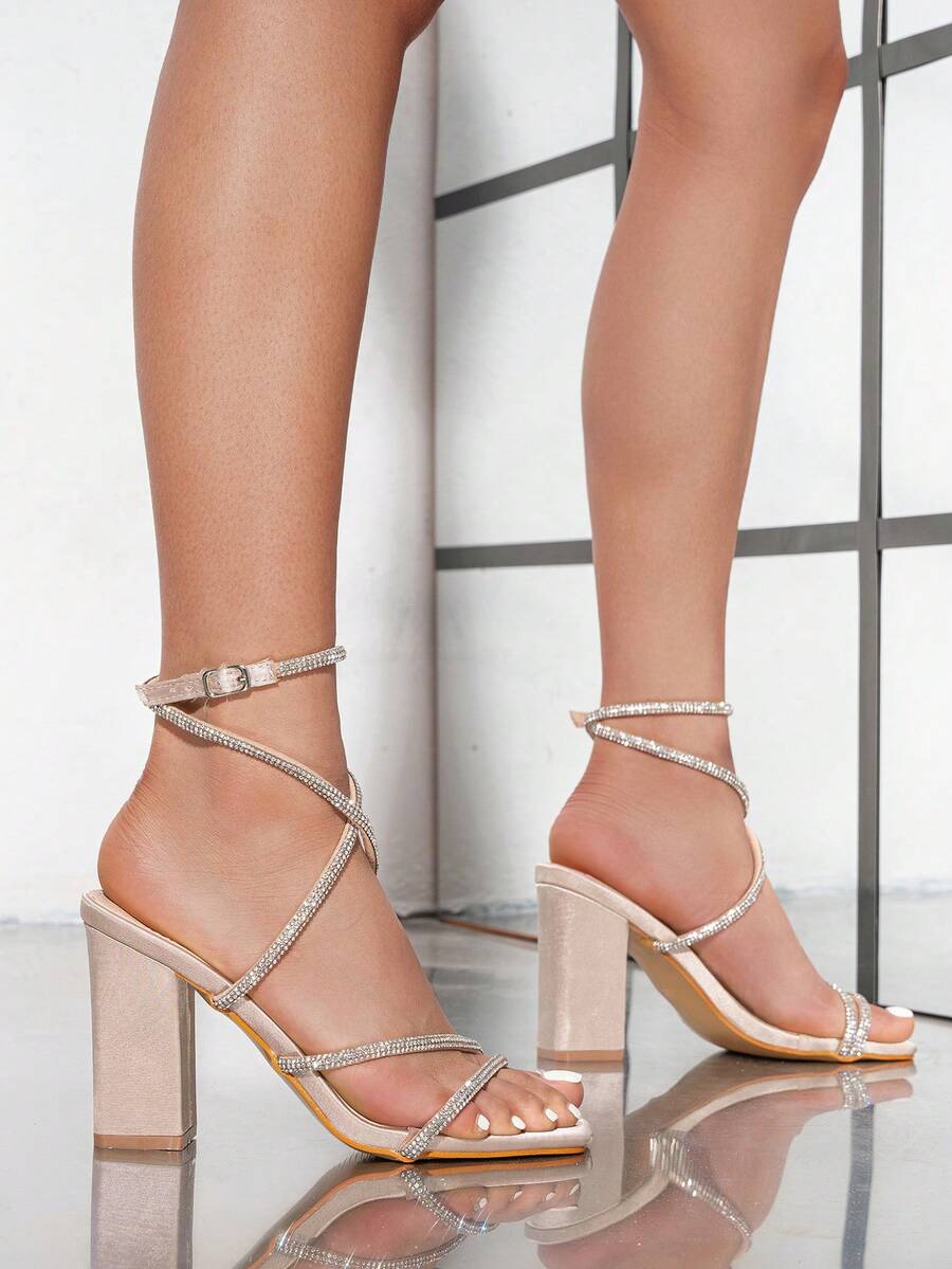 Strappy Heeled Sandals - Womens Rhinestone Strappy Square Toe Block