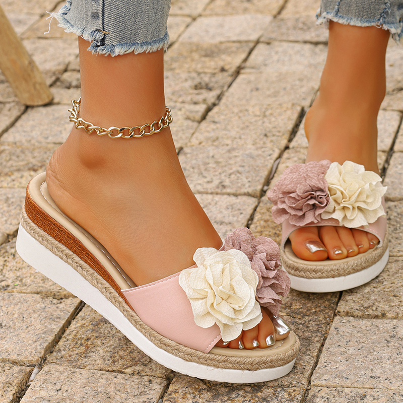 Women's Pink Flower Decor Plat - Espadrille Wedge Shoes recension och pris