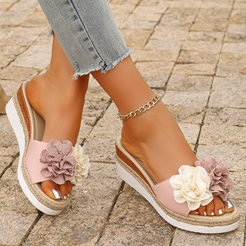 Women's Pink Flower Decor Plat - Espadrille Wedge Shoes recension och pris