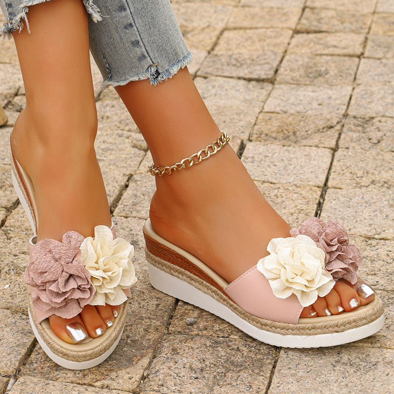 Women's Pink Flower Decor Plat - Espadrille Wedge Shoes recension och pris