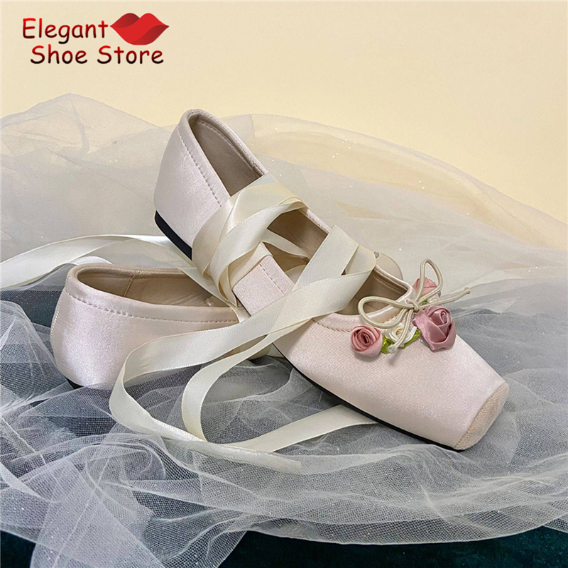White Pink Rose Decor Satin Ba - Ballet Flat Women recension och pris
