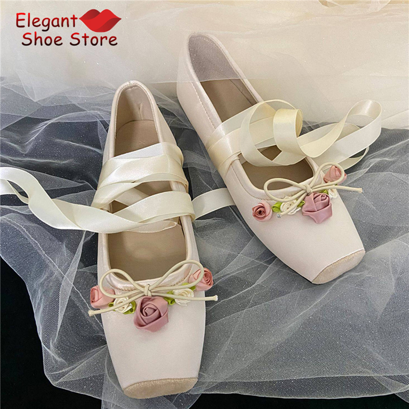 White Pink Rose Decor Satin Ba - Ballet Flat Women recension och pris