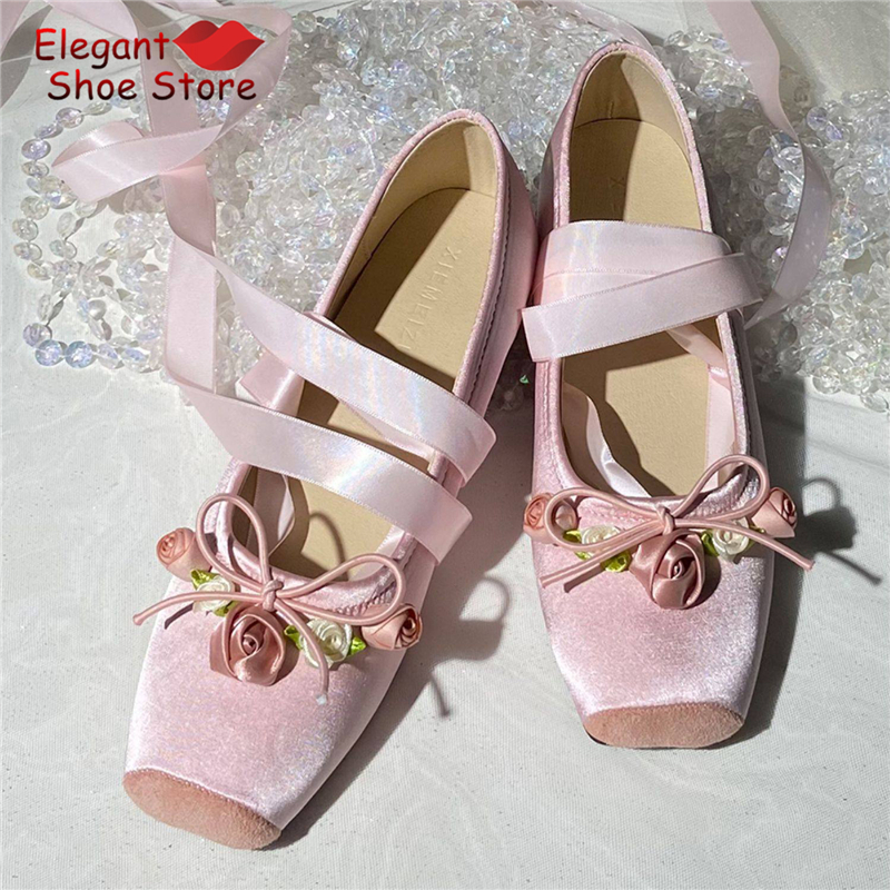 White Pink Rose Decor Satin Ba - Ballet Flat Women recension och pris