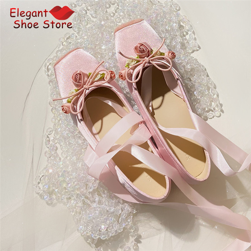 White Pink Rose Decor Satin Ba - Ballet Flat Women recension och pris